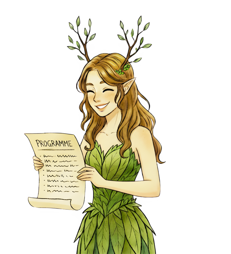 Illustration d’une dryade souriante qui tient un parchemin intitulé Programme.