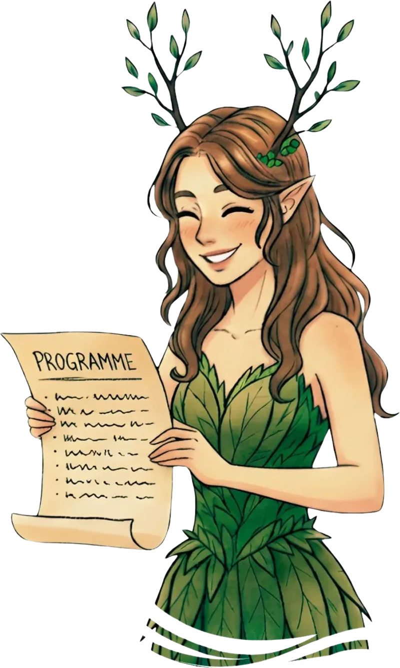 Illustration d’une dryade souriante qui tient un parchemin intitulé Programme.