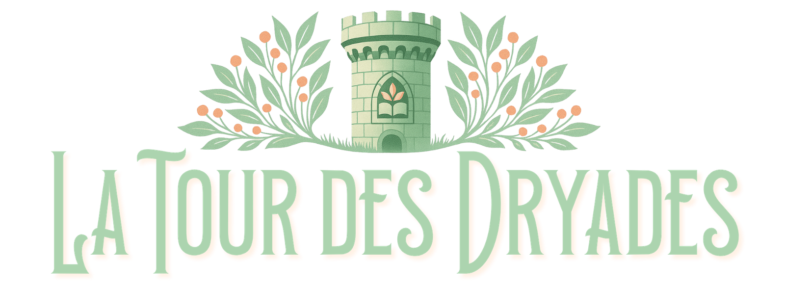 Logo de La Tour des Dryades représentant une tour entourée de feuillages stylisés, avec le nom en lettres décoratives.